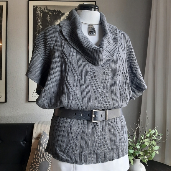 Cowl neck flutter cap sleeved fine cable knit sweater in gray Sz XL - Picture 1 of 12